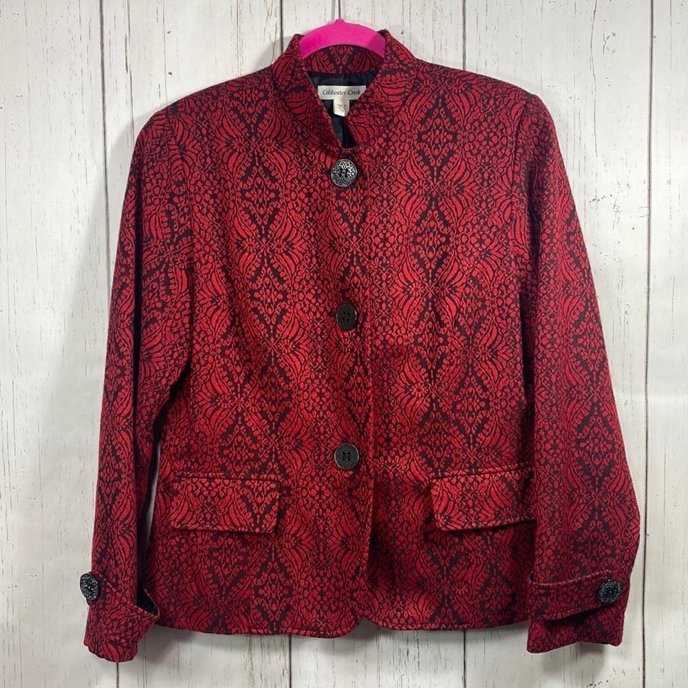 Coldwater Creek Red Jacquard Wool Blend Blazer Statement Office Size 12